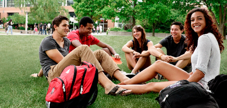 Group of students hanging out in front of the student centre